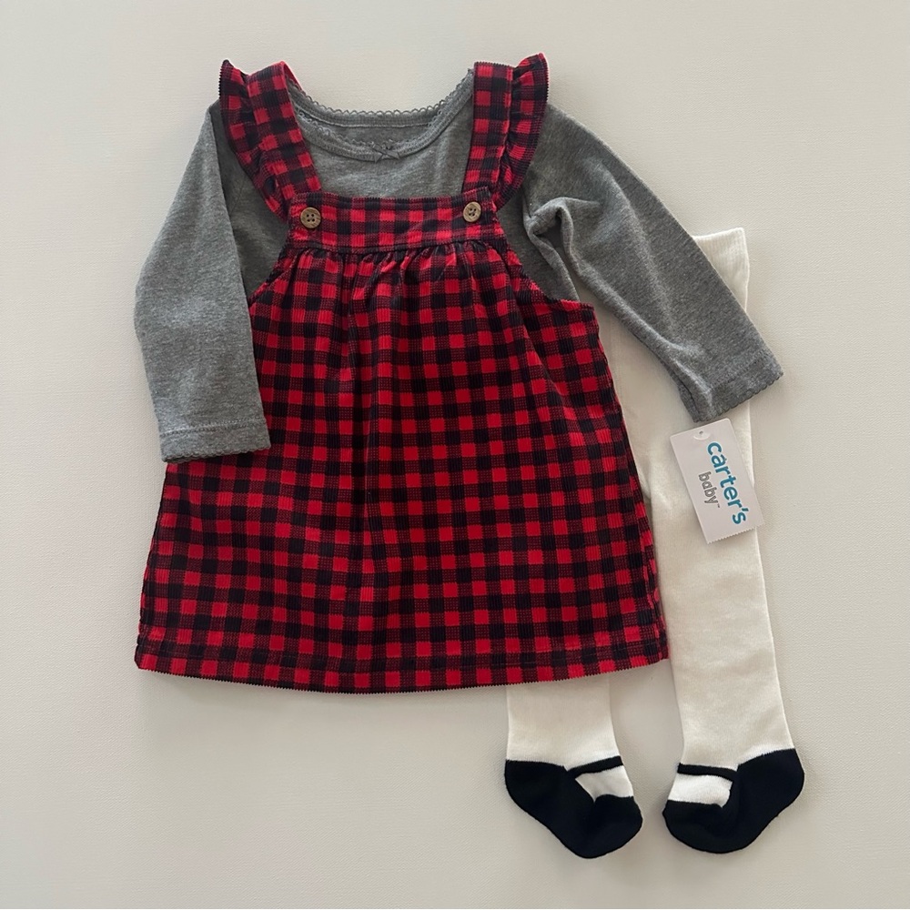 Carter’s 6 Months Baby Girl Holiday Christmas Red Plaid Corduroy Dress Tights